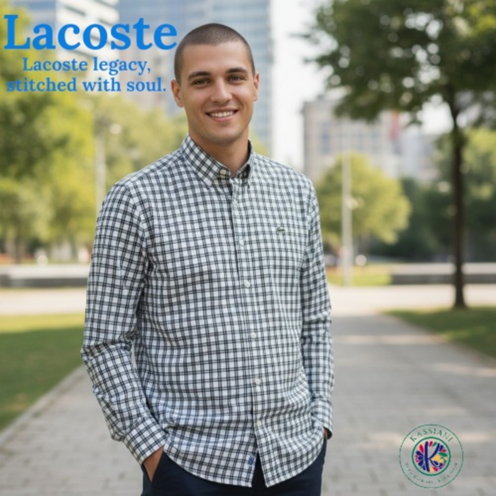 Lacoste Men's Dress Shirt – Plaid, Cotton, Size L, Matching Trim, Romania Origin